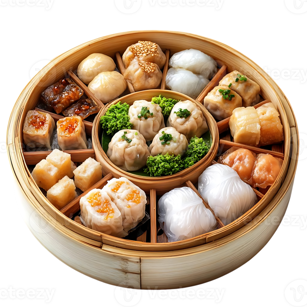 Delicious Dim Sum Platter with Transparent Background - Enjoy a Variety of Steamed Buns, Dumplings, and More png