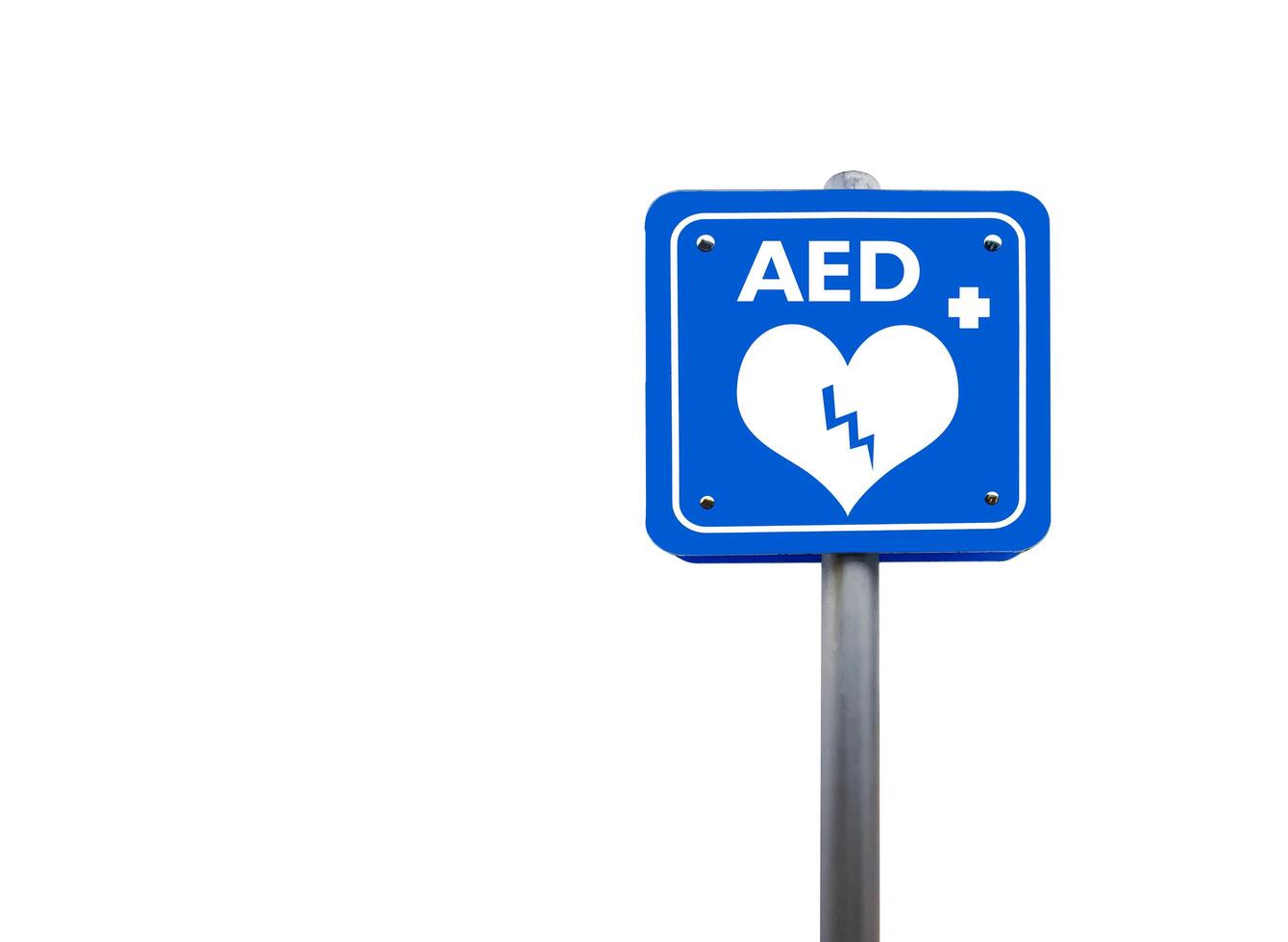 Blue sign displaying the AED symbol with the letters AED and a lightning bolt across a heart, with clipping paths. Safety and emergency concept. photo