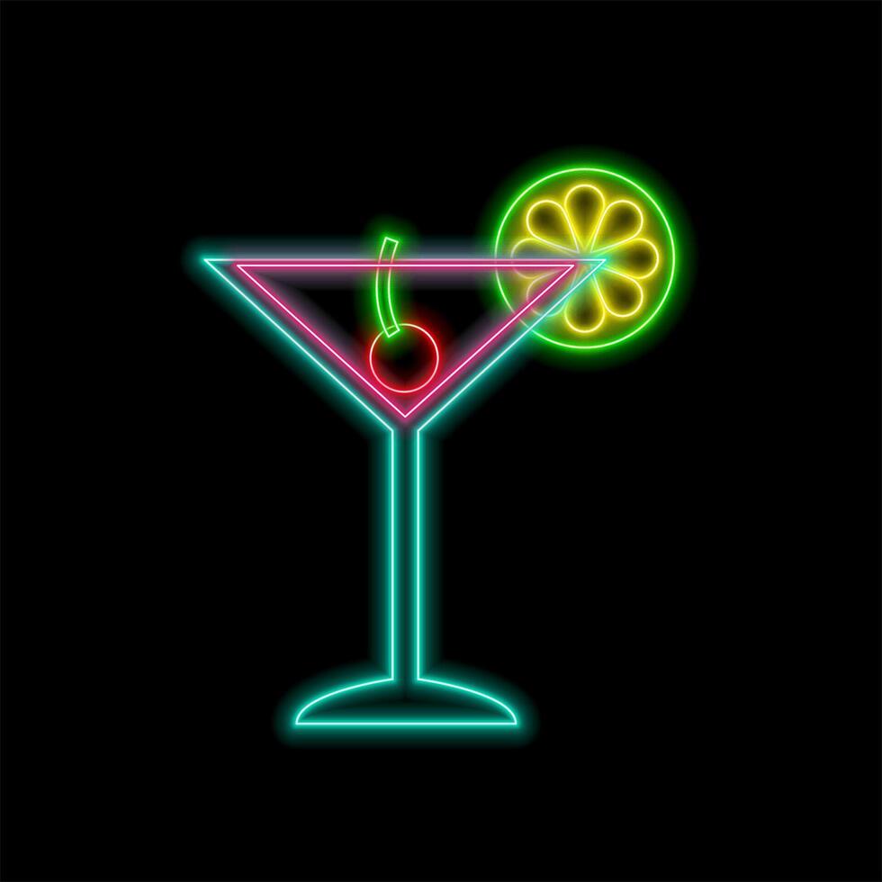 Happy toast. Neon cocktail. fashion sign. Night light signboard, glowing banner. Summer emblem. Club Bar logo on dark background. Alcoholic drink with an umbrella in a glass... vector