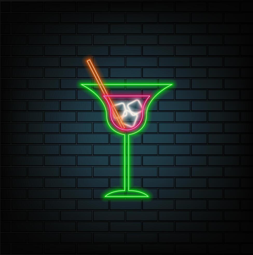 Glow neon symbol of bar cocktails in round frames on dark brick wall background. Bright gas advertising with caipirinhas smoothie. Banner for drinking canteen. Invitation to the night club. vector