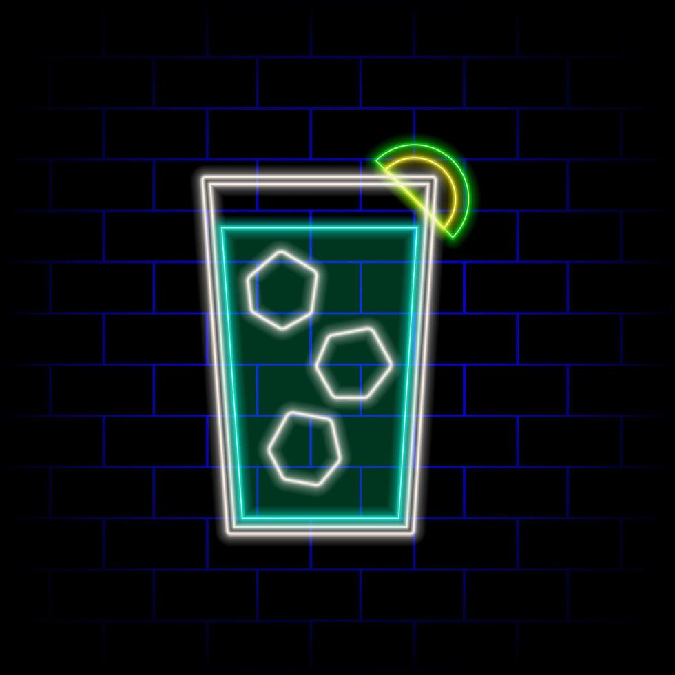 Cheers toast. Neon cocktail. Fashion sign. Night light signboard, Glowing banner. Summer emblem. Club Bar logo on dark background. Alcohol drink with an umbrella in a glass. vector