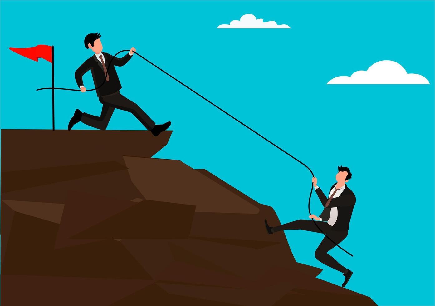 Illustration of businessman on top of a cliff with a flag pulling his companion to the top. The business concept of leadership and teamwork. vector