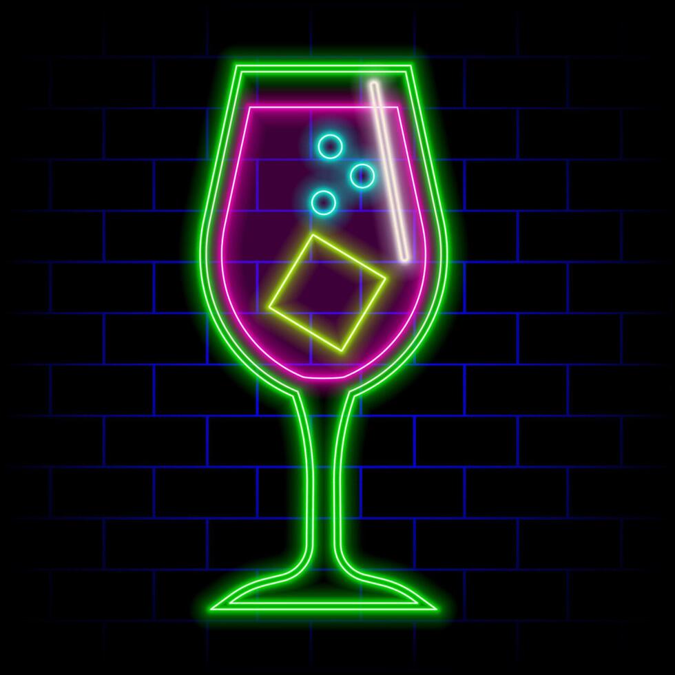 Set of neon Beer and Cocktail sign on brick wall background. illustration. Design for bar, pub and restaurant business. vector