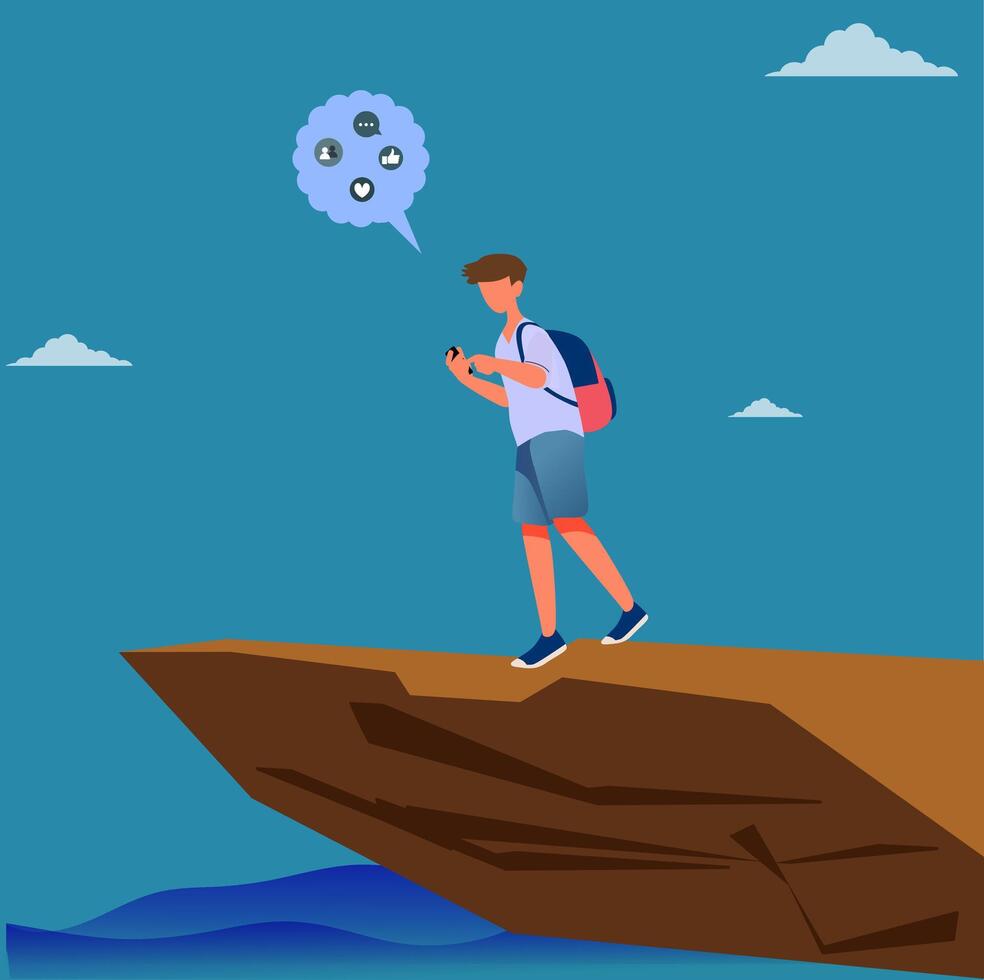 Distracted young man using his cell phone walks along the road. boy about to fall off the cliff. vector