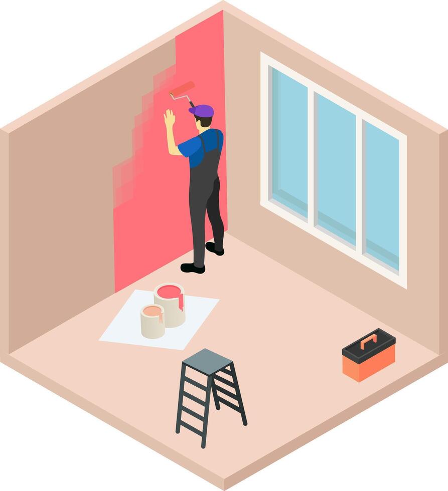Illustration of professional painter at work. Painter man in uniform holding paint roller. painter painting an empty house.. vector