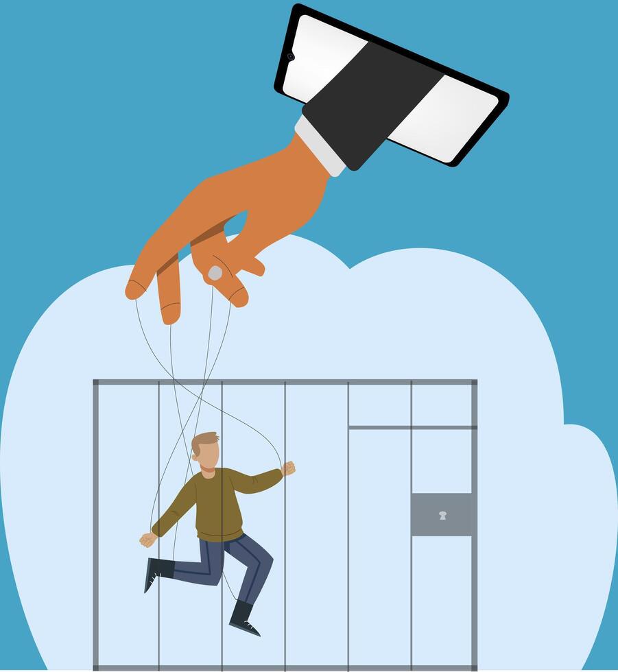 Illustration of a man being a puppet controlled by a cell phone. human being controlled by artificial intelligence. vector
