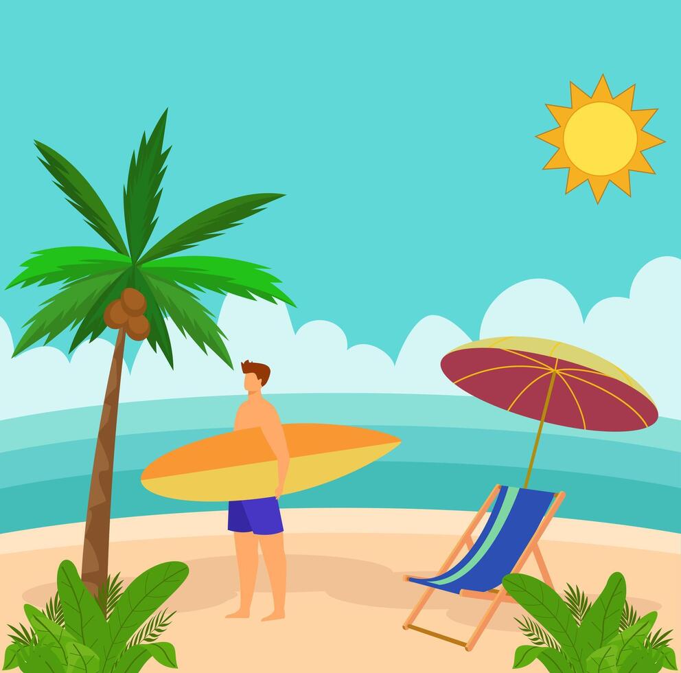illustration of a young man in swimming trunks walking with his board. Concept of summer, summer vacation, relaxation, tourism, rest and sunbathing..eps vector