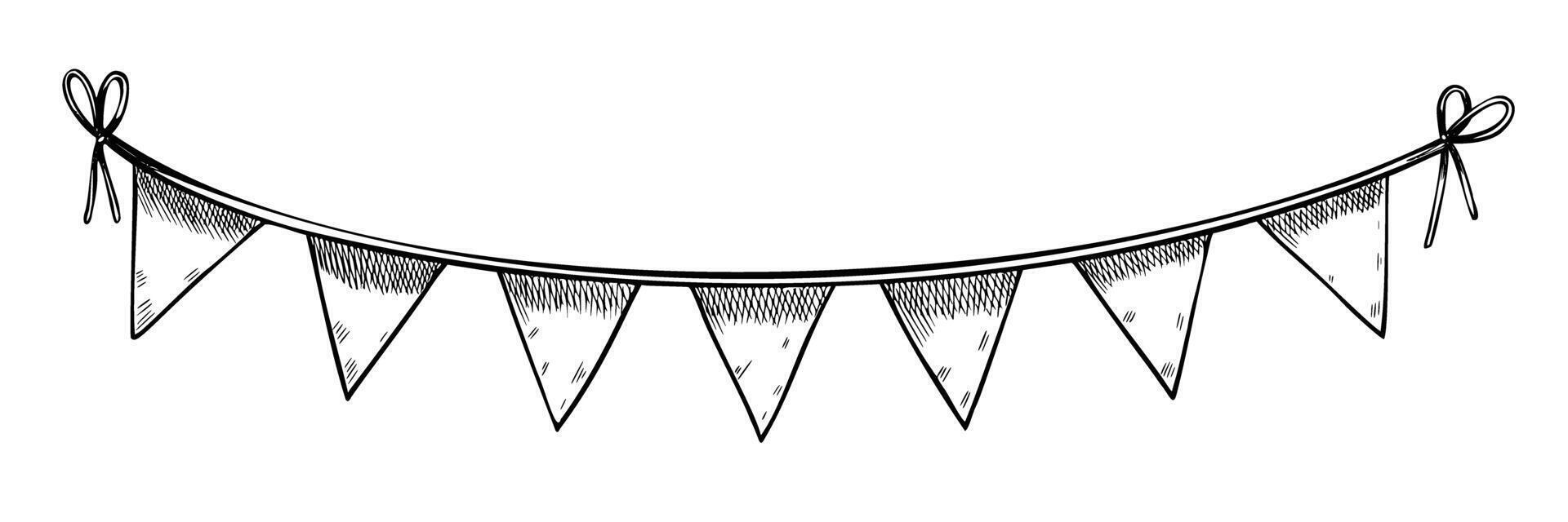 Pennants for festival decorations and invitations. Outline drawing of triangle Garland Banner for party celebration painted by black inks. Etching of string for holiday in linear style. vector