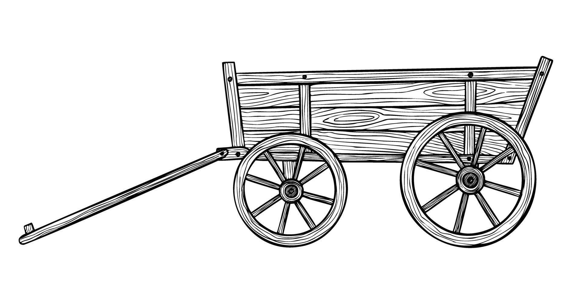 Rustic Wooden Wagon Illustration. Outline Drawing of Vintage Cart for farm and harvest on isolated background. Etching of Old retro country transport with wheel for farmers. Rural vehicle. vector