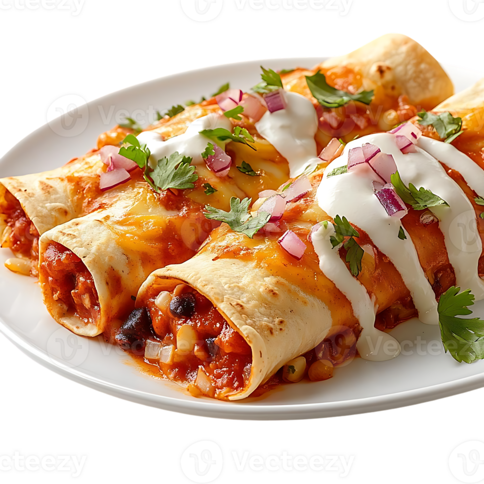 Delicious Chicken Enchiladas with Red Onion and Cilantro, Topped with Creamy Sour Cream, on a White Plate with a Transparent Background png