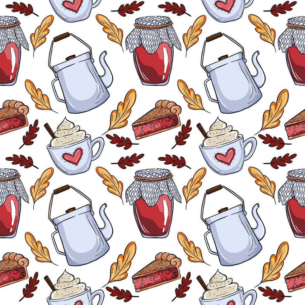 Autumn theme pattern with leaves, tea and cake vector