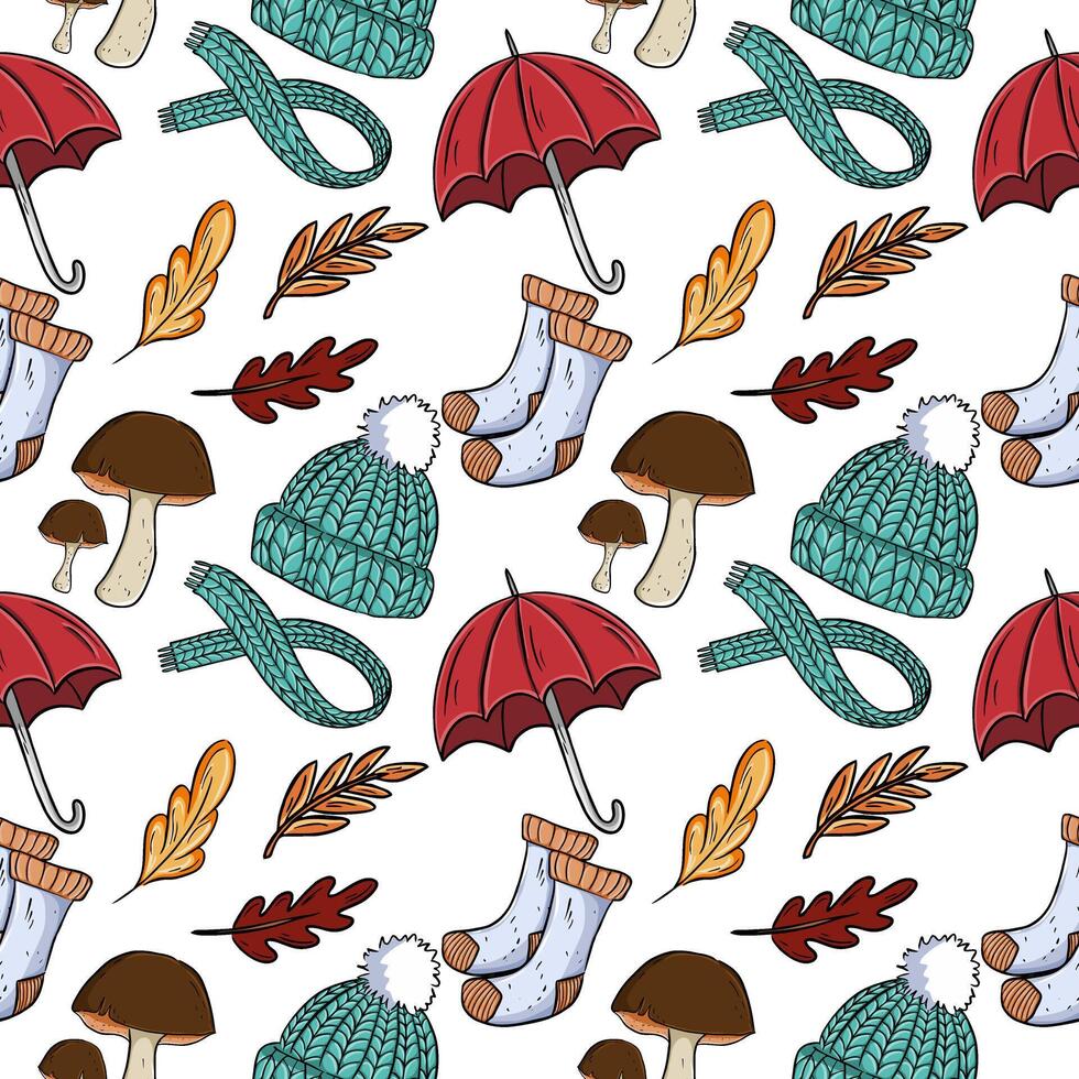 Autumn pattern with warm clothes, mushrooms and leaves vector