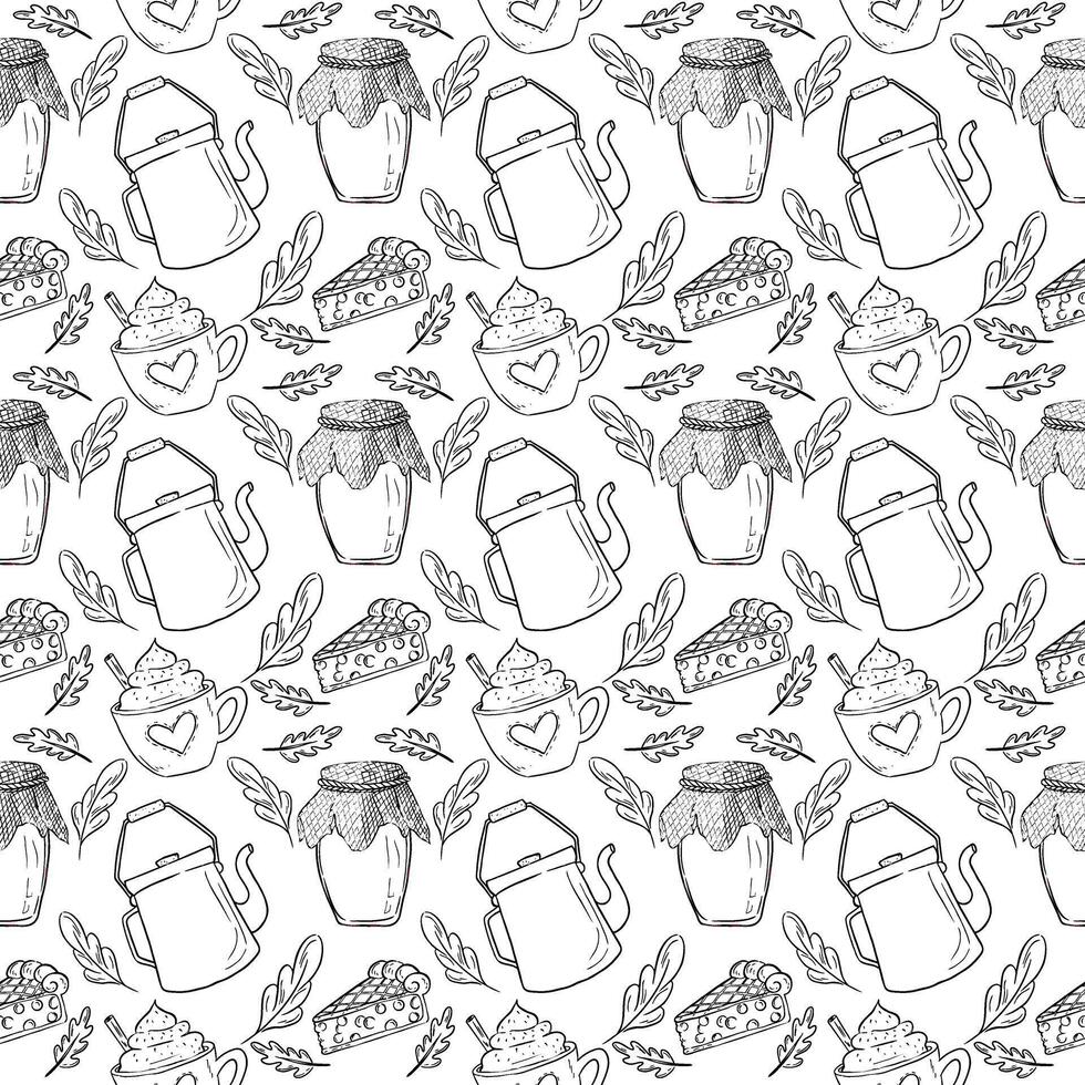 An autumn theme pattern with leaves, tea and cake in the linart style vector