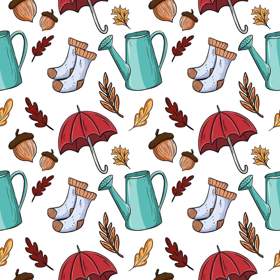 Autumn pattern with pictures of nuts, leaves, umbrella vector