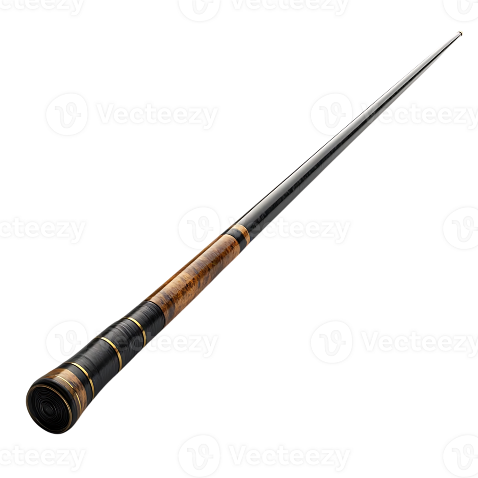 Elegant Black and Brown Pool Cue with Gold Accents, Transparent Background png