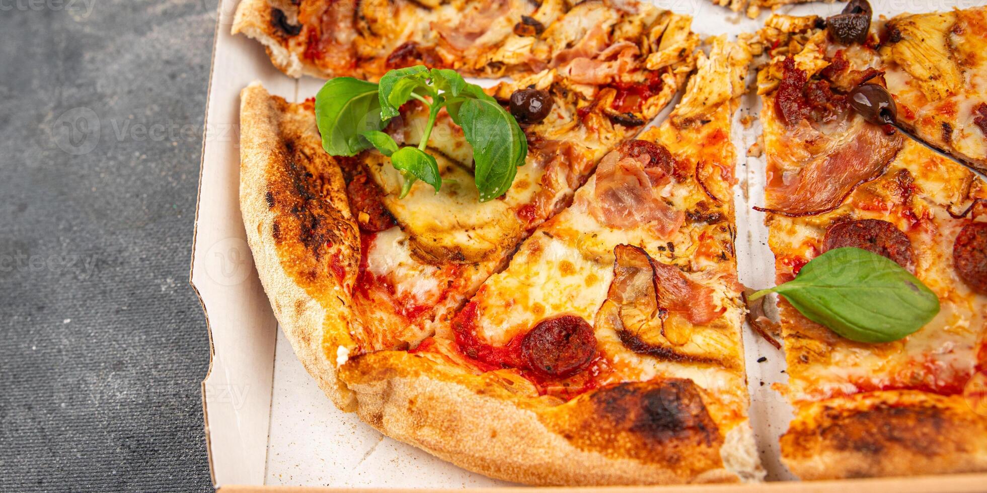pizza chicken meat, sausages, olives, cheese, tomato saucefresh meal food snack on the table copy space food background photo