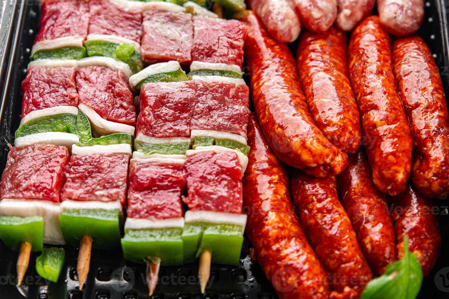 sausage meat assorted juicy pork, beef fresh delicious gourmet food background on the table rustick food top view copy space photo