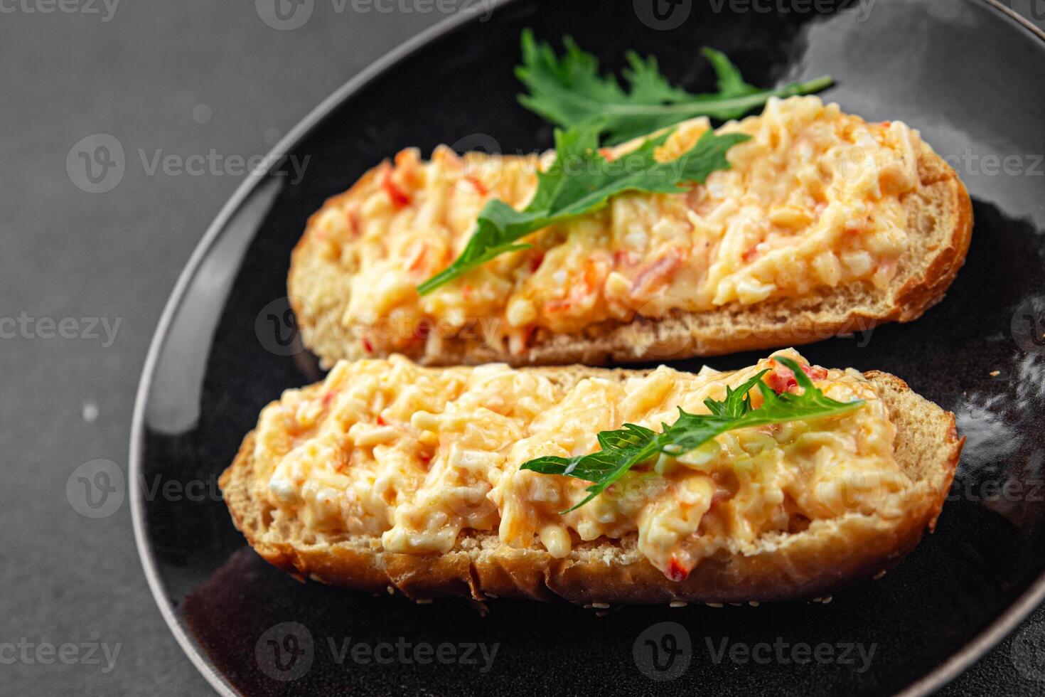 smorrebrod salad spread surimi and crab sticks, mayonnaise fresh meal food snack on the table copy space food background rustic top view photo