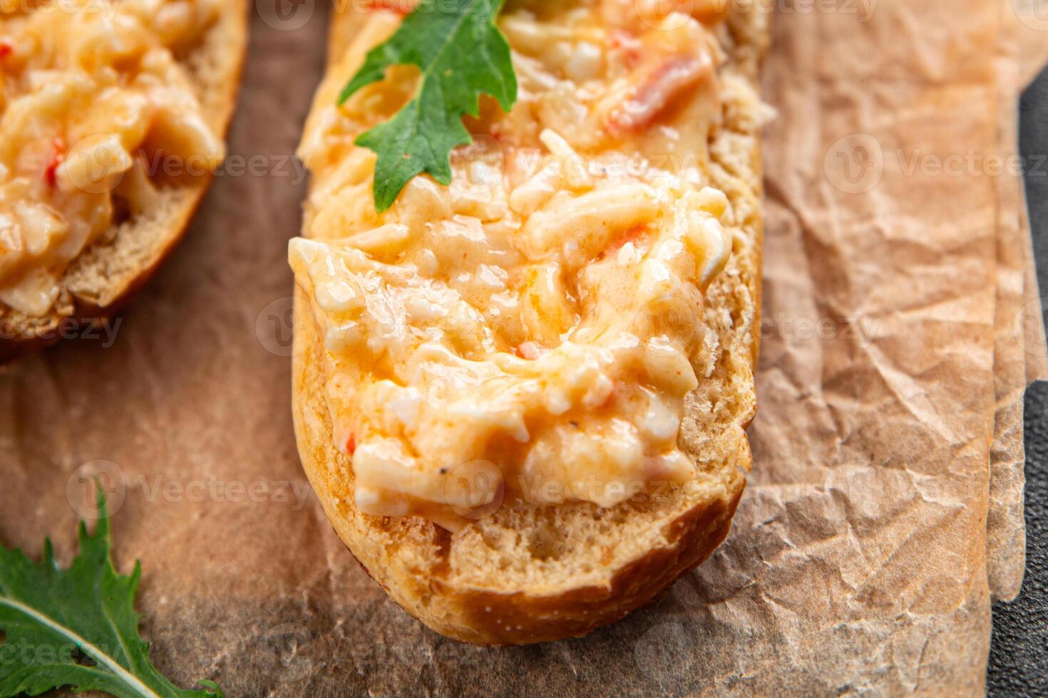 smorrebrod salad spread surimi and crab sticks, mayonnaise fresh meal food snack on the table copy space food background rustic top view photo