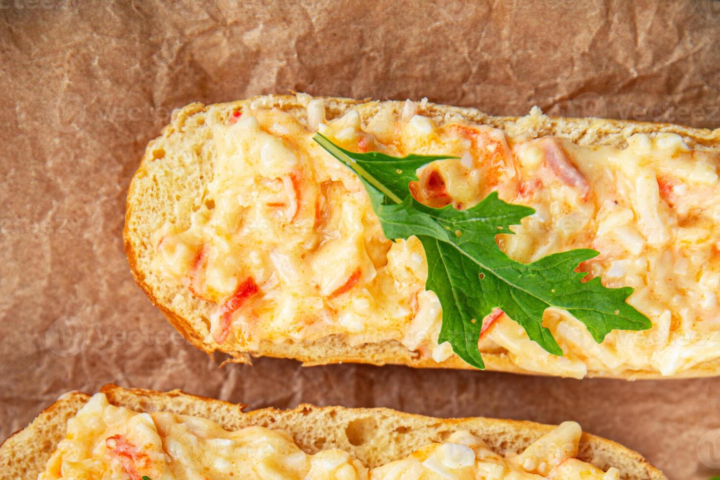 smorrebrod salad spread surimi and crab sticks, mayonnaise fresh meal food snack on the table copy space food background rustic top view photo