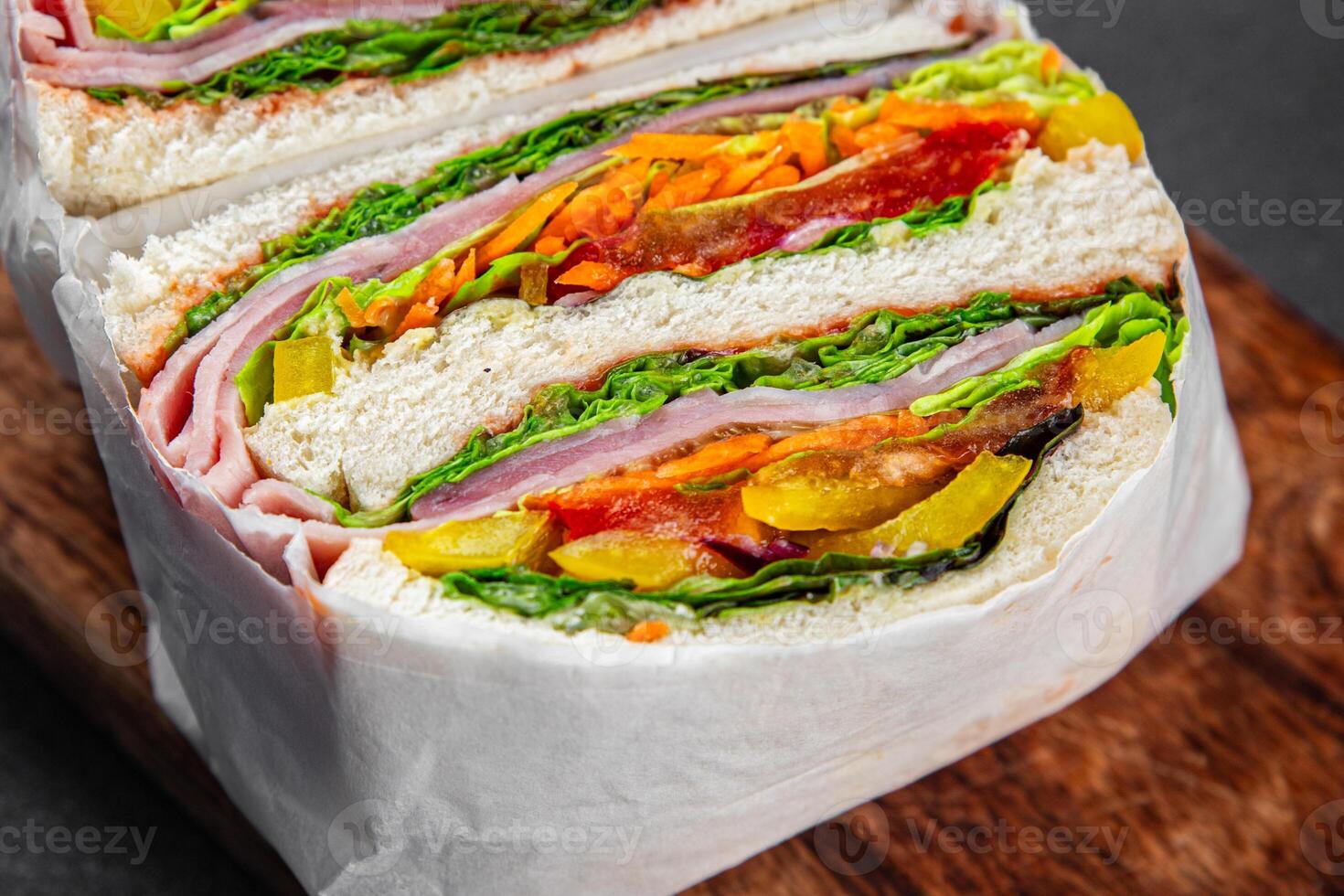 sandwich layers vegetables and ham meat spam fresh meal food snack on the table copy space food background rustic top view photo