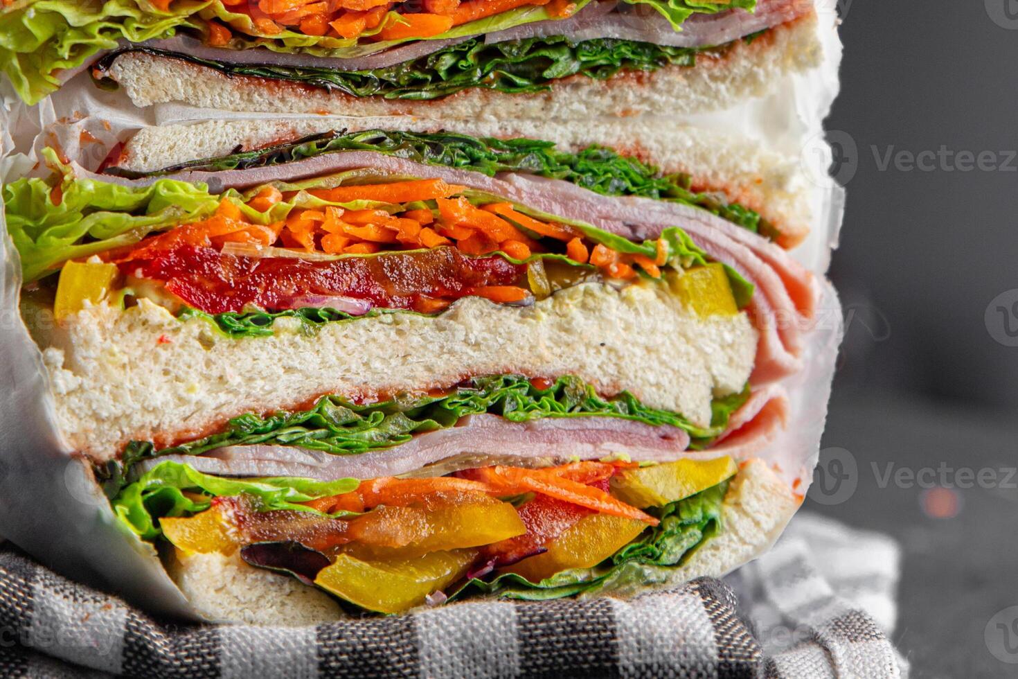 sandwich layers vegetables and ham meat spam fresh meal food snack on the table copy space food background rustic top view photo