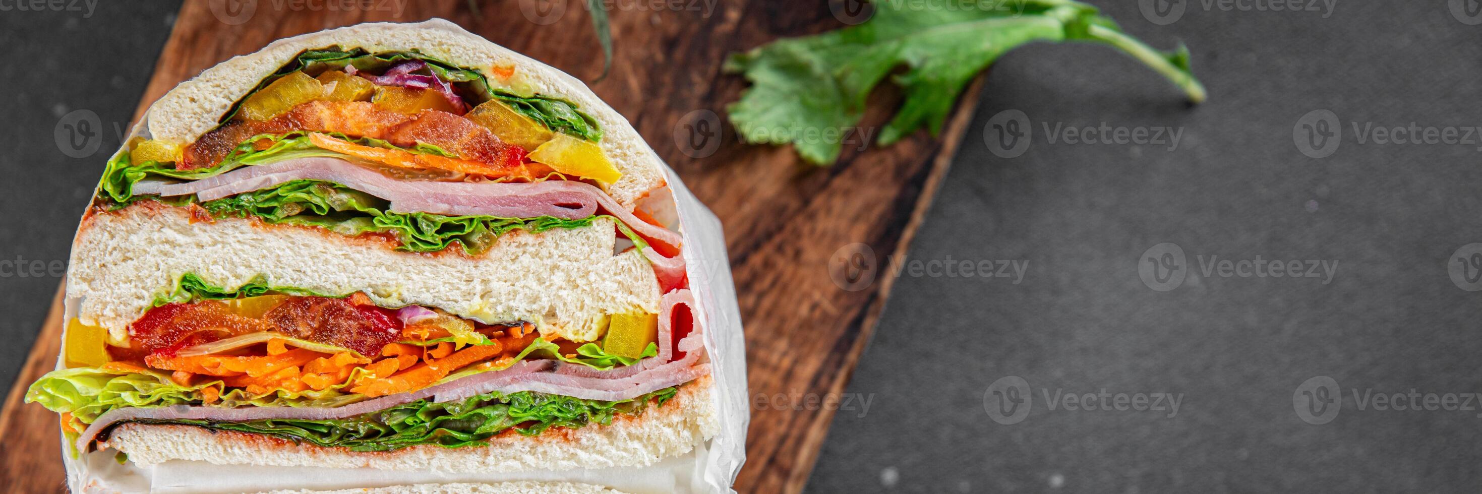 sandwich layers vegetables and ham meat spam fresh meal food snack on the table copy space food background rustic top view photo