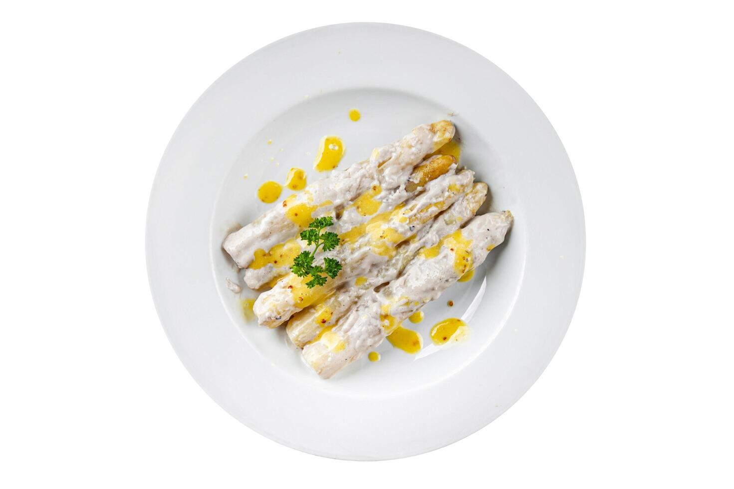 white asparagus in cream sauce fresh meal food snack on the table copy space food background rustic top view photo