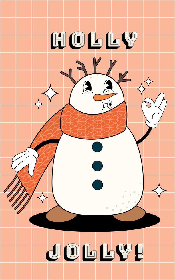 Snow man groovy card. Illustration in trendy retro style. Abstract background. Happy holidays 2024 vector