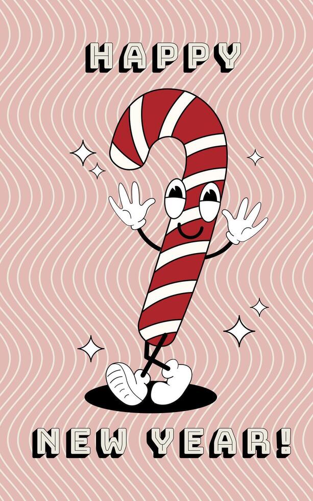 Candy cane groovy card. illustration in trendy retro style. Abstract background. Happy holidays 2024 vector