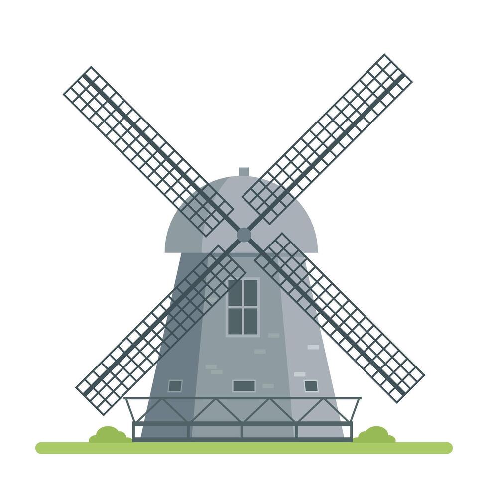 Stone windmill. Traditional farm building for grinding wheat grains to flour. Dutch or netherland wind Mill. vector
