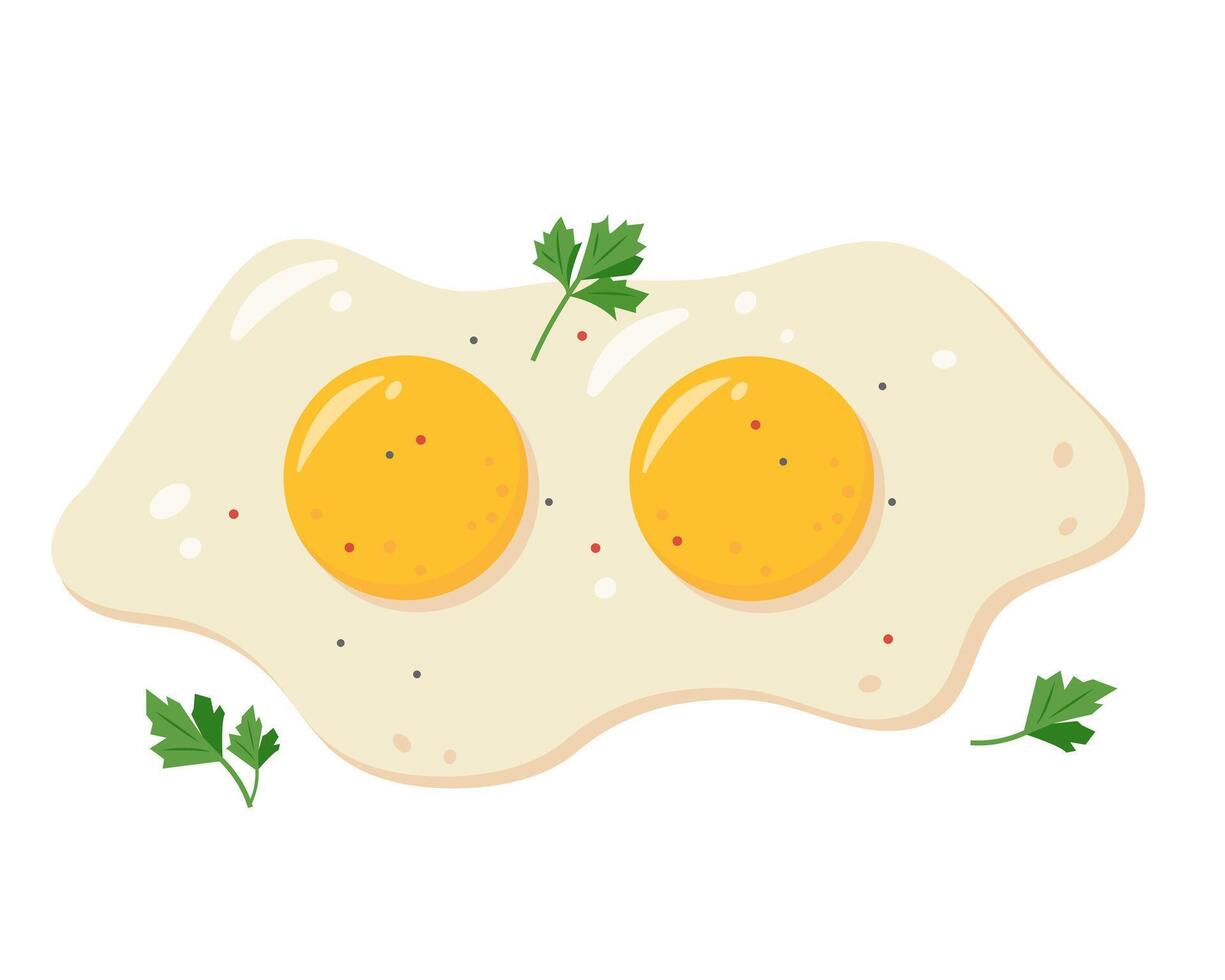 Two Fried fresh eggs with parsley leaves and spices. Cooked fried eggs meal. Healthy organic food for breakfast. vector