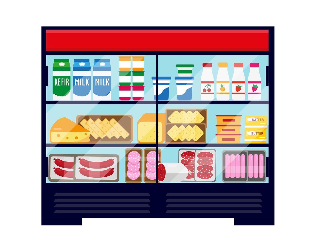 Big showcase refrigerator full of food. vector