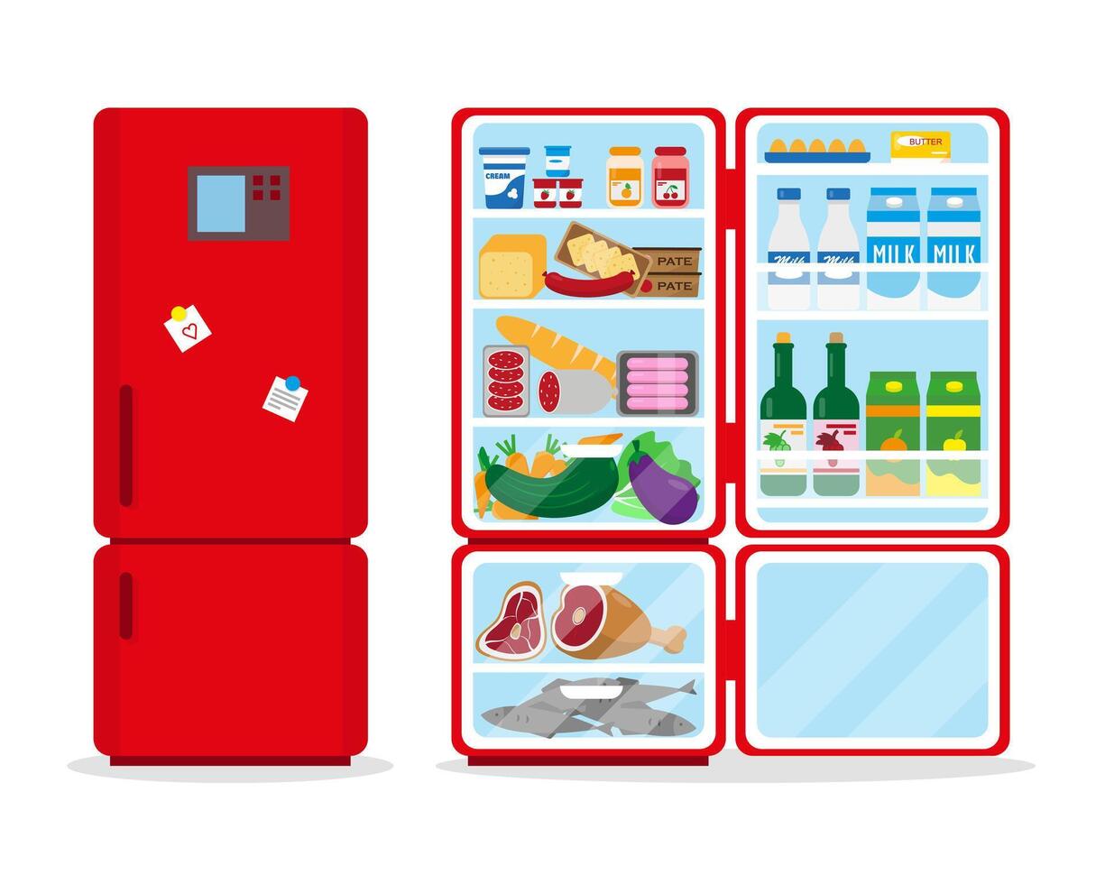 Closed and opened refrigerator full of food. vector