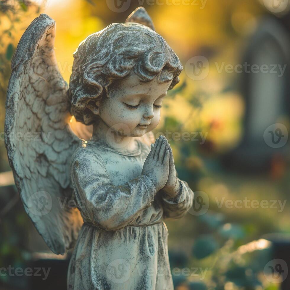 Praying angel statue with a warm, golden light in a tranquil setting photo