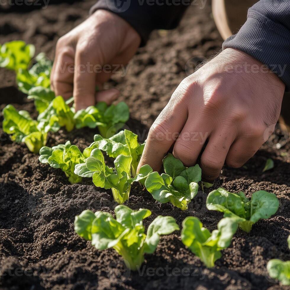 Hands planting young seedlings in fertile soil on a farm during spring photo