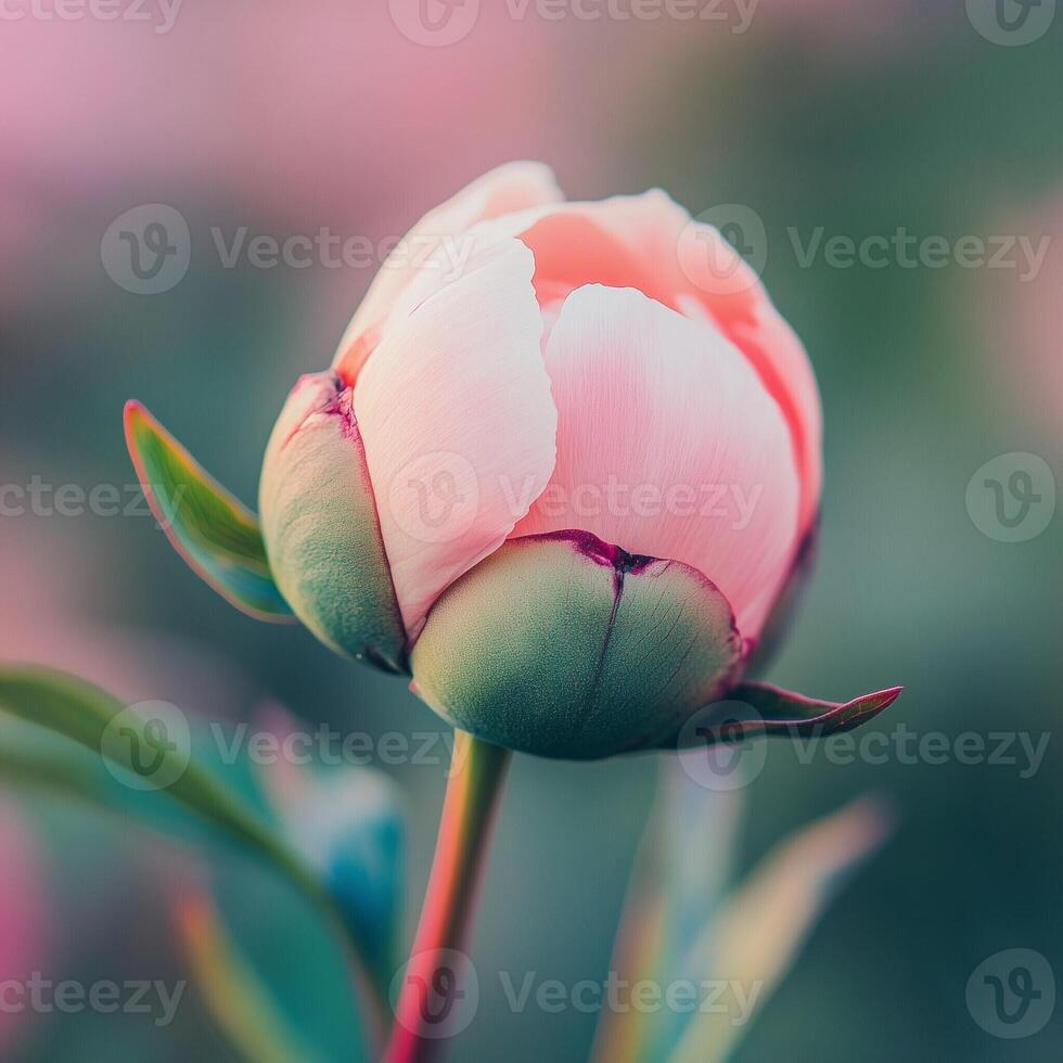 Close-up of a delicate pink peony bud with soft petals and a blurred, colorful background photo