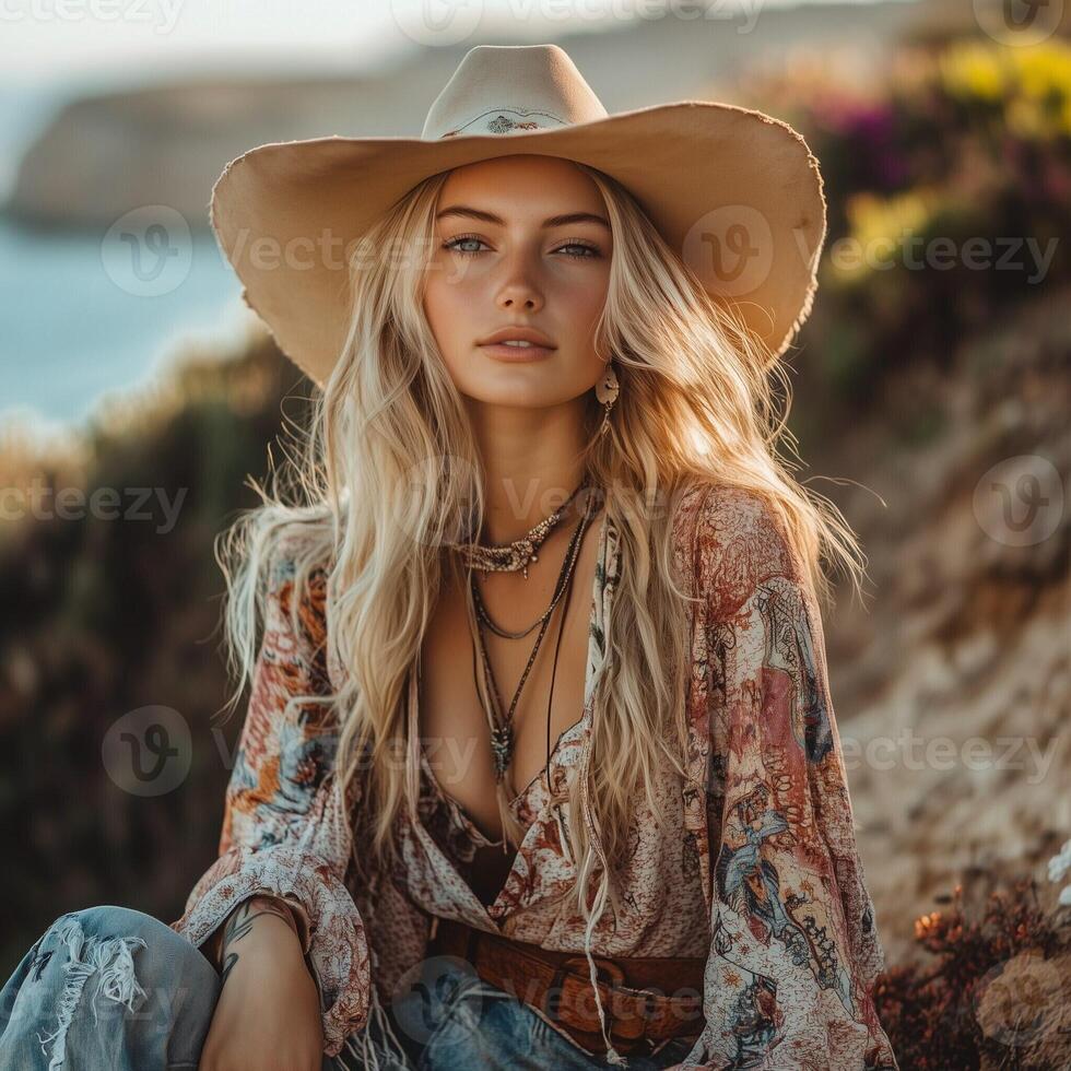 Stylish blonde woman in a cowboy hat and bohemian outfit by the seaside photo