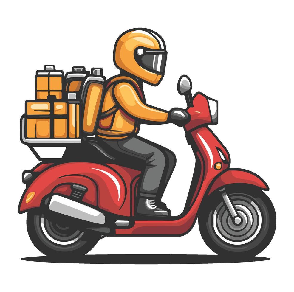 deliveryman riding scooters with delivery boxes, courier delivery cartoon, vector