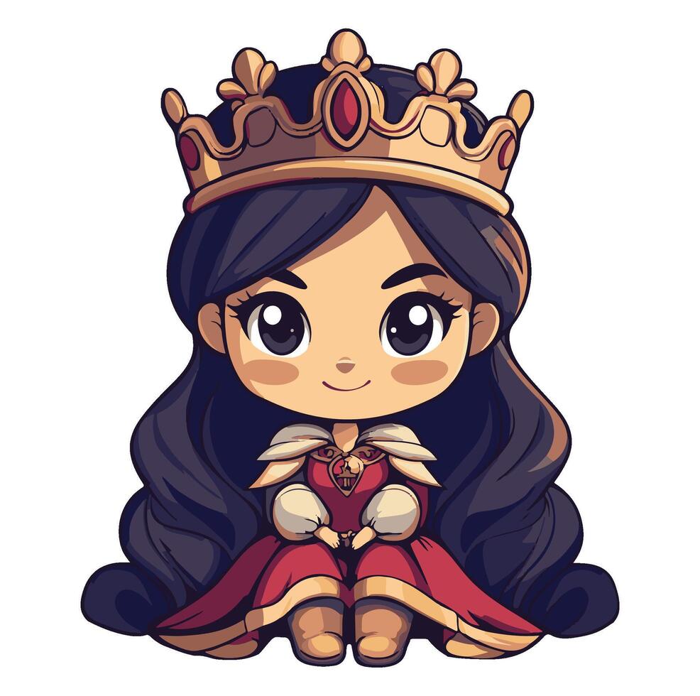 Smiling queen with long black hair wearing a golden crown and red gown cartoon vector
