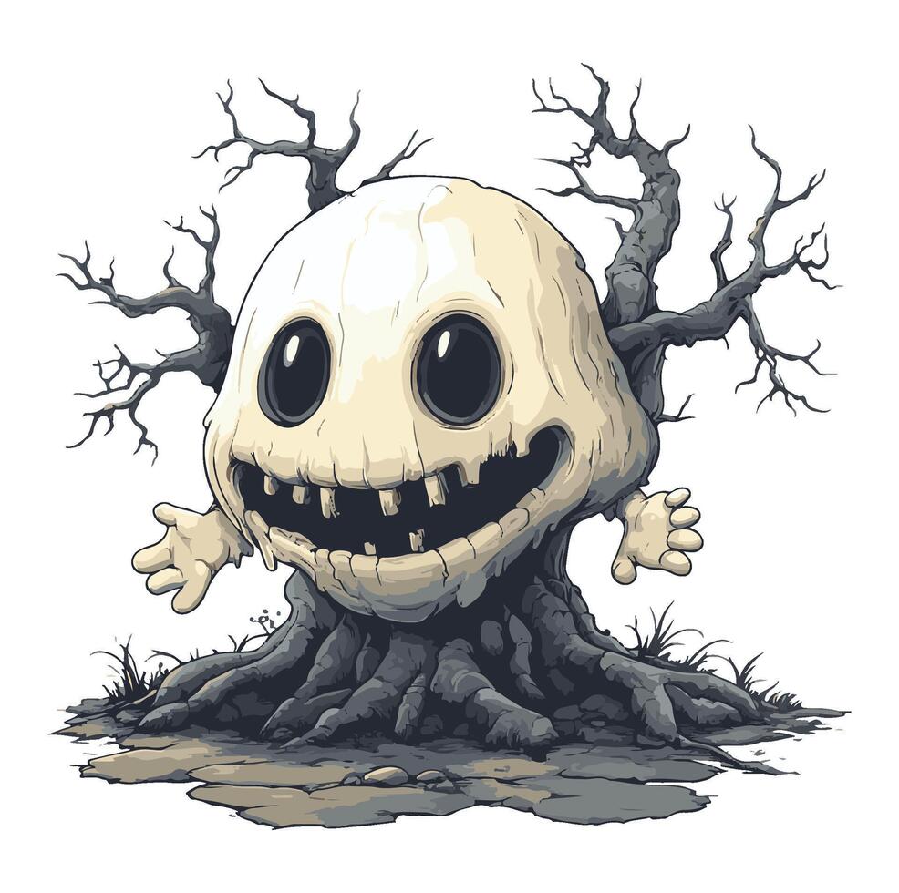 Smiling, skeletal head with two small arms growing from tree trunk cartoon vector