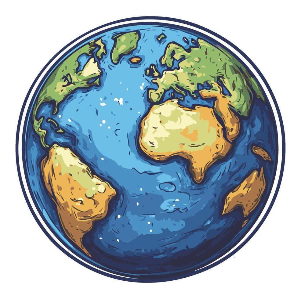 Hand drawn cartoon globe with continents and oceans in blue, green, and brown, vector