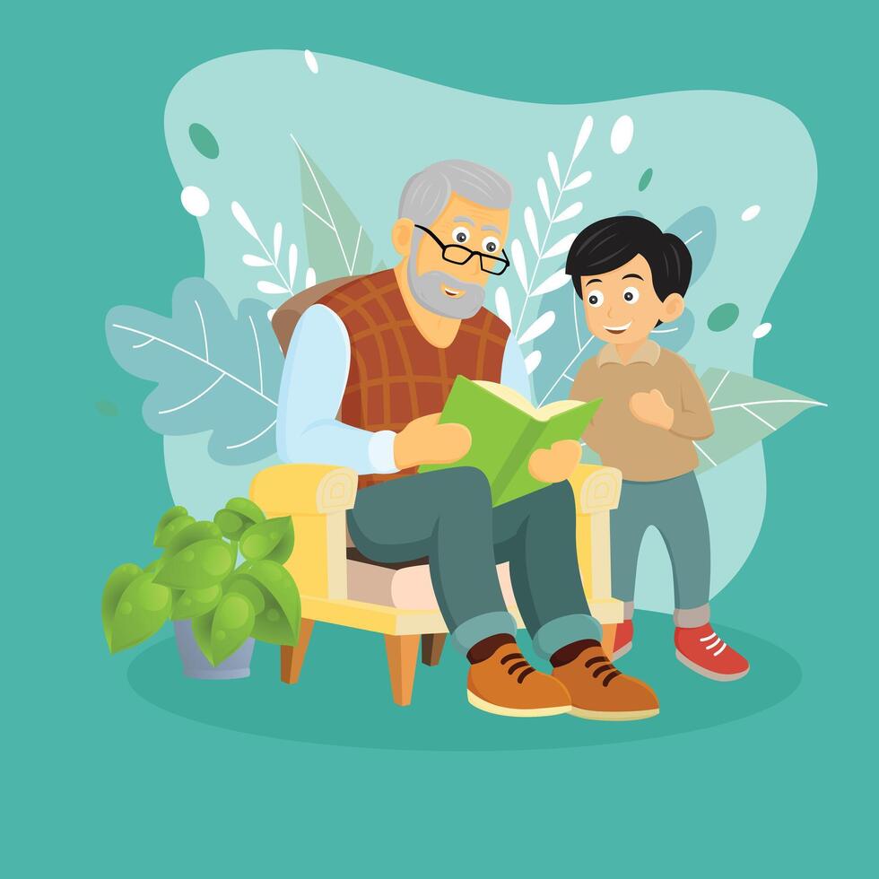 Grandfather and granddaughter read a book together vector