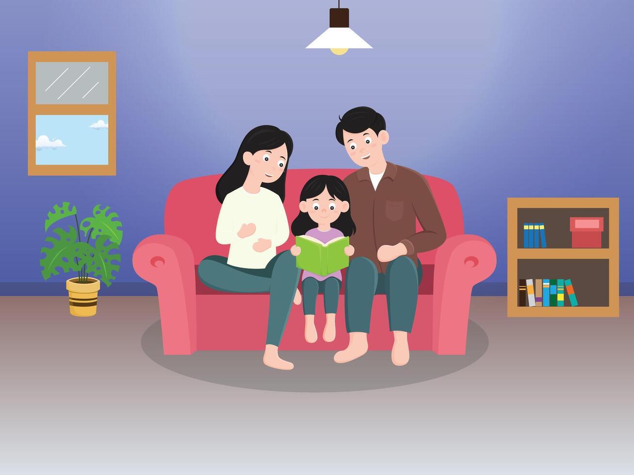 Family, father, mother and child reading a book together on the sofa at home. flat illustration design vector