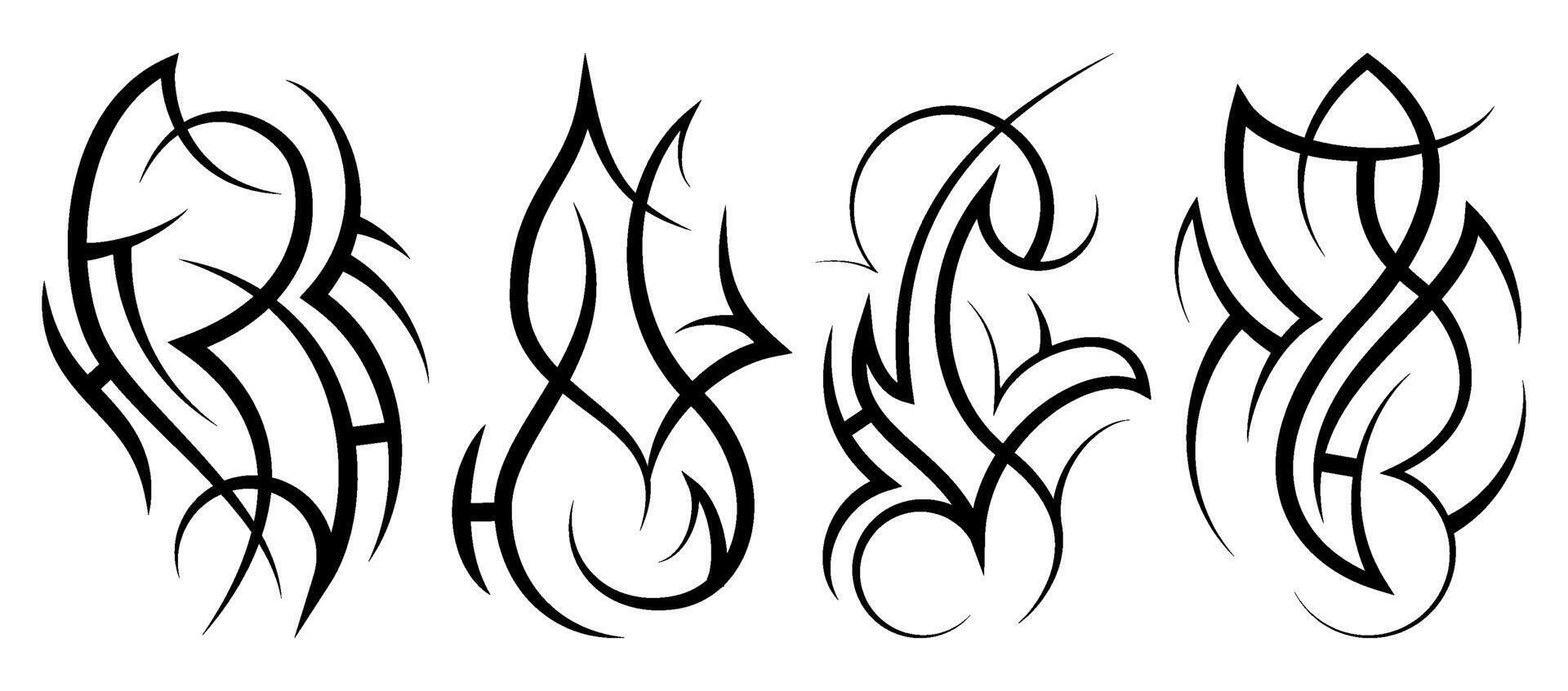 Neo abstract tribal tattoo set. Vertical black shoulder tattoo. Cyber sigilism style hand drawn ornament. Celtic gothic sleeve ornament shapes. Maori ethnic signs isolated on white background. Sketch vector