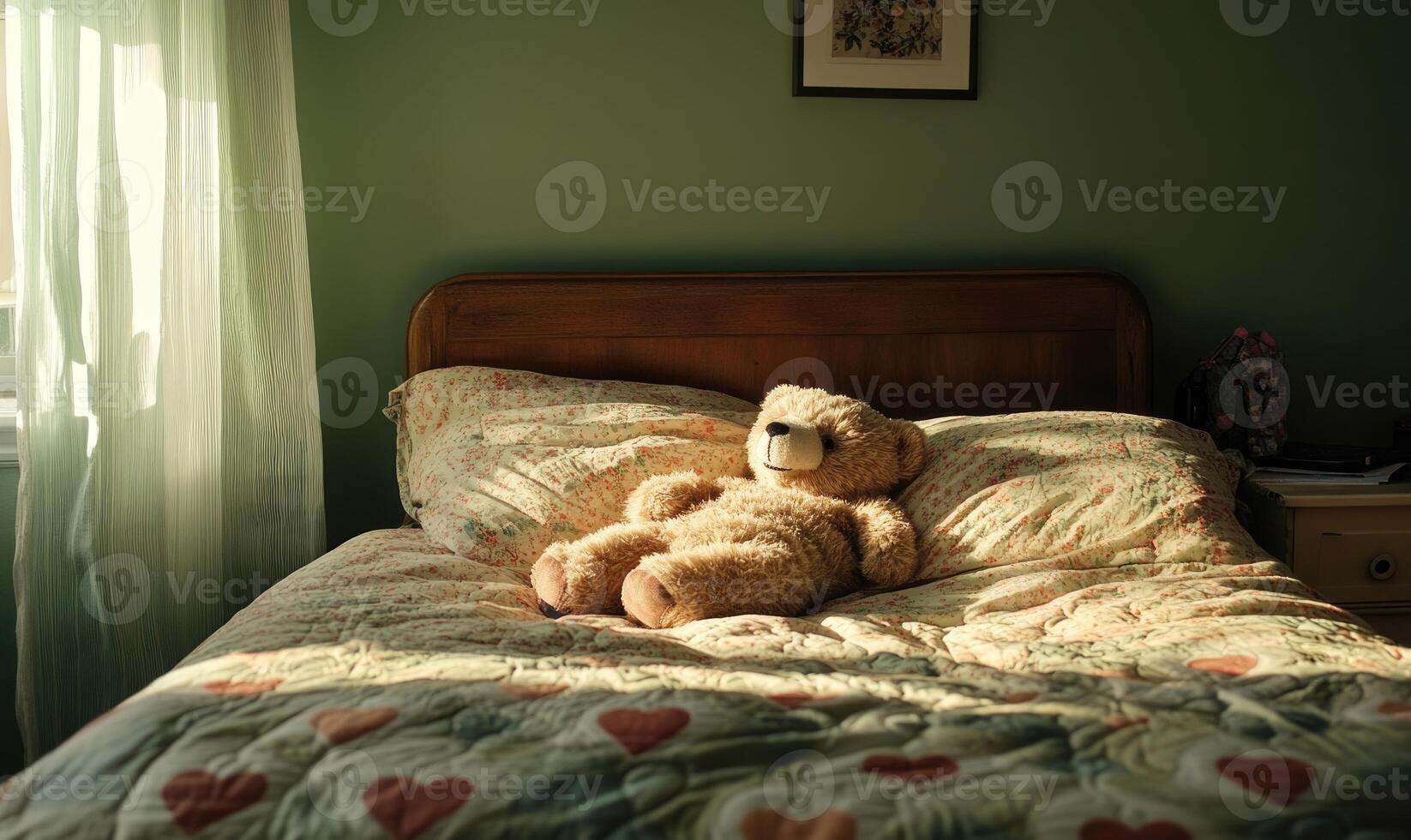 Fluffy bear nestled in cozy bedding, heart-patterned quilt photo