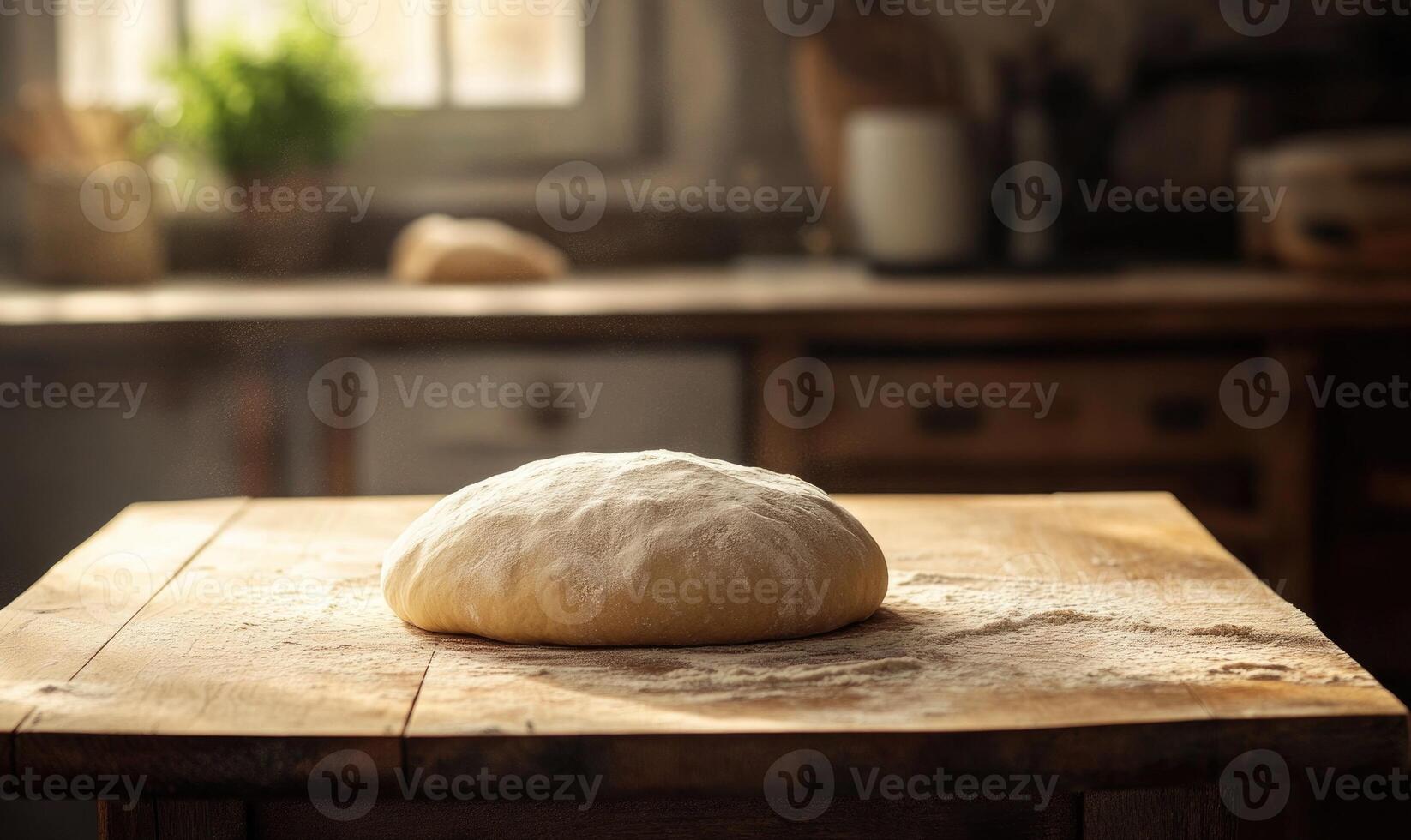 Dough resting on a wooden table photo