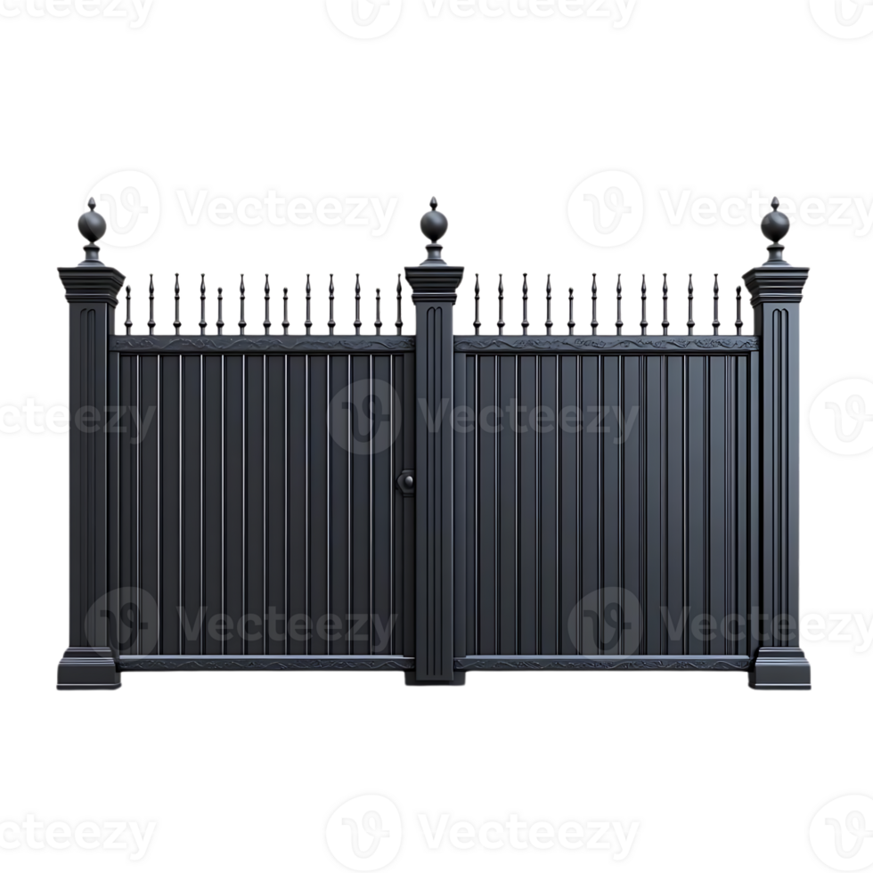 Black Metal Fence with Gate, Ornate Design, Elegant Entryway, Privacy, Security, Modern, Transparent Background png