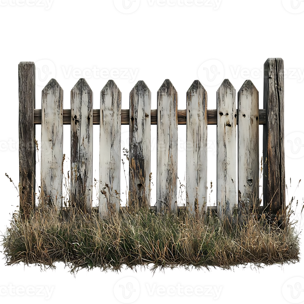 Weathered Wooden Fence with Grass and Transparent Background png