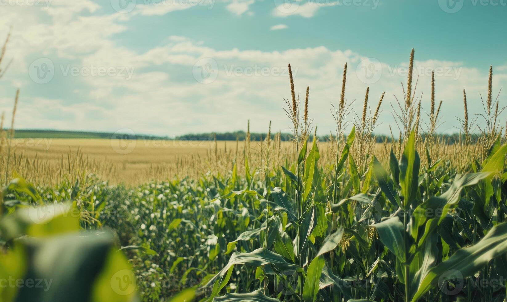 Closeup view on the green corns on the cornfield under the sunset light photo